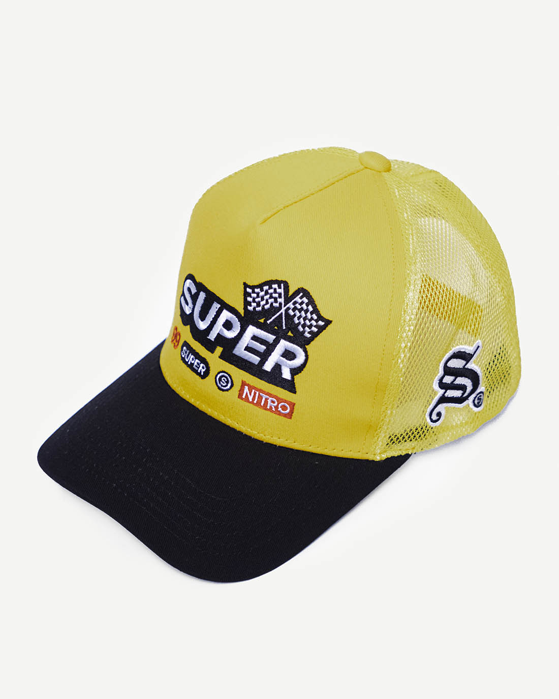 Front view of a two-tone black and yellow snapback hat with stylish racing-inspired embroidered design and cooling mesh back.