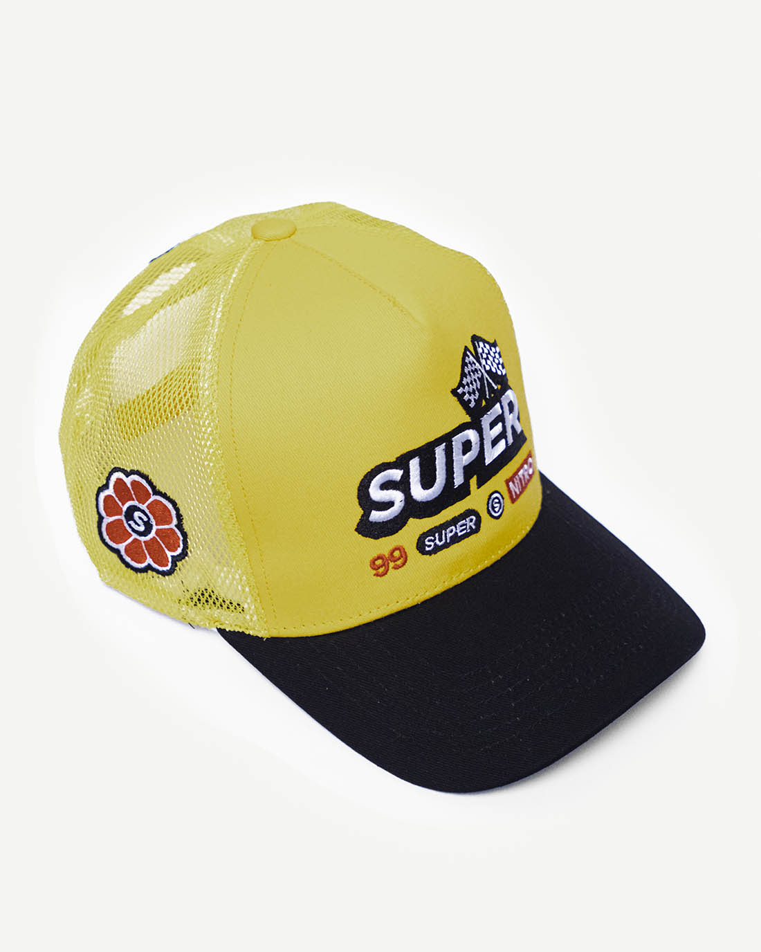 Front side view of a cute two-tone black and yellow snapback hat with stylish racing-inspired embroidered design and cooling mesh back.