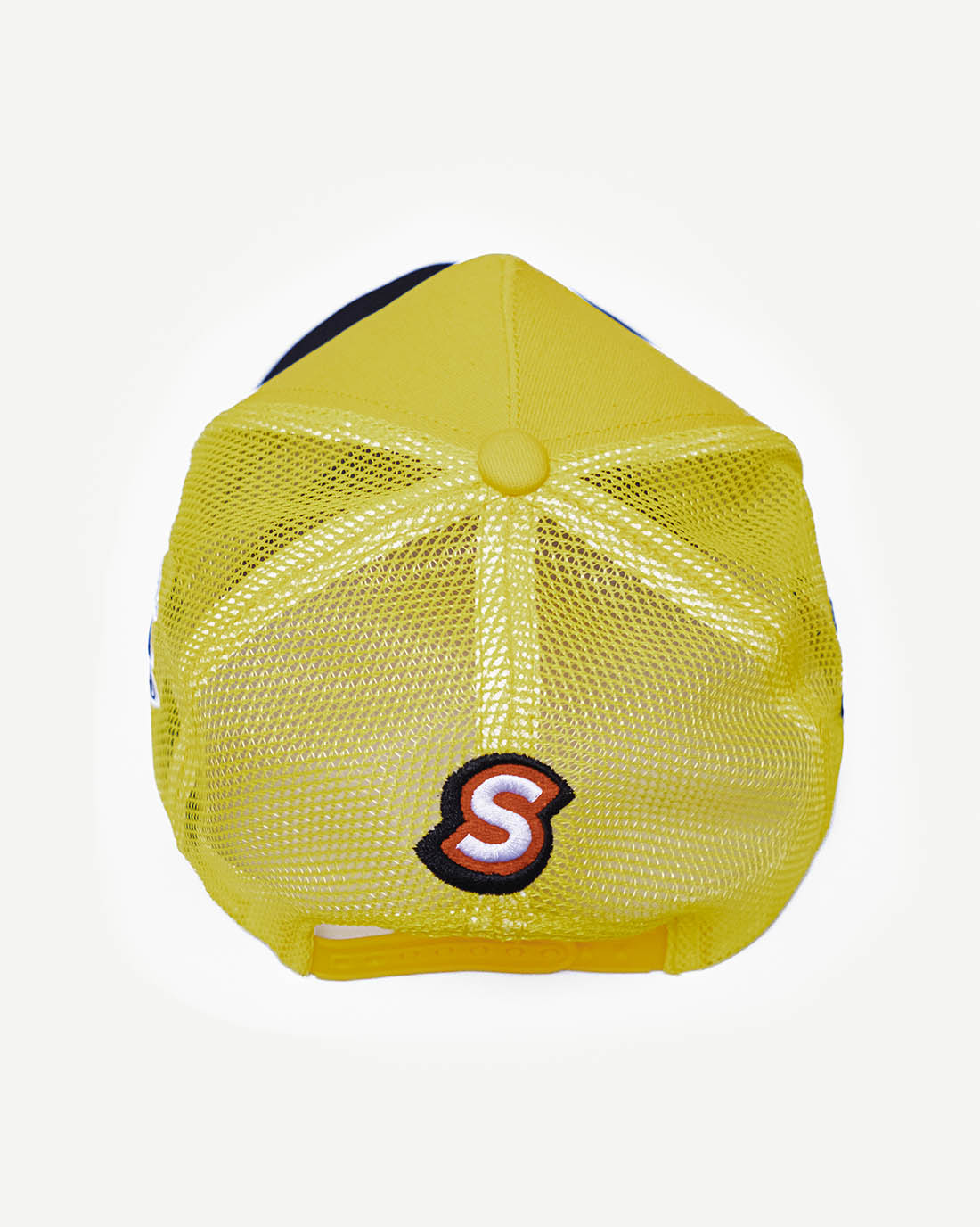 Rear view of a two-tone black and yellow snapback hat with stylish racing-inspired embroidered design and cooling mesh back.