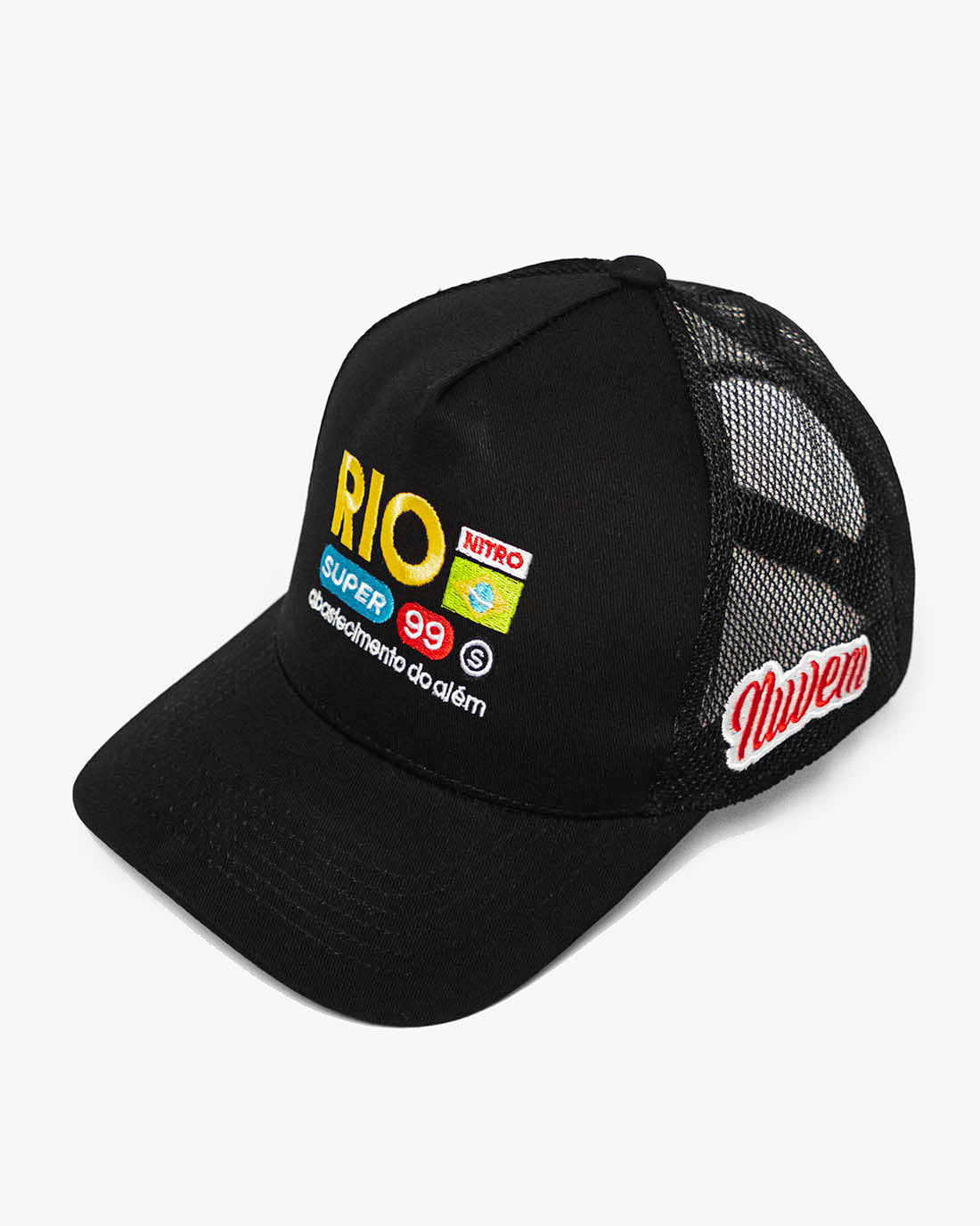 Front view of a black snapback hat with colorful Brazilian-inspired embroidered design and cooling mesh back.
