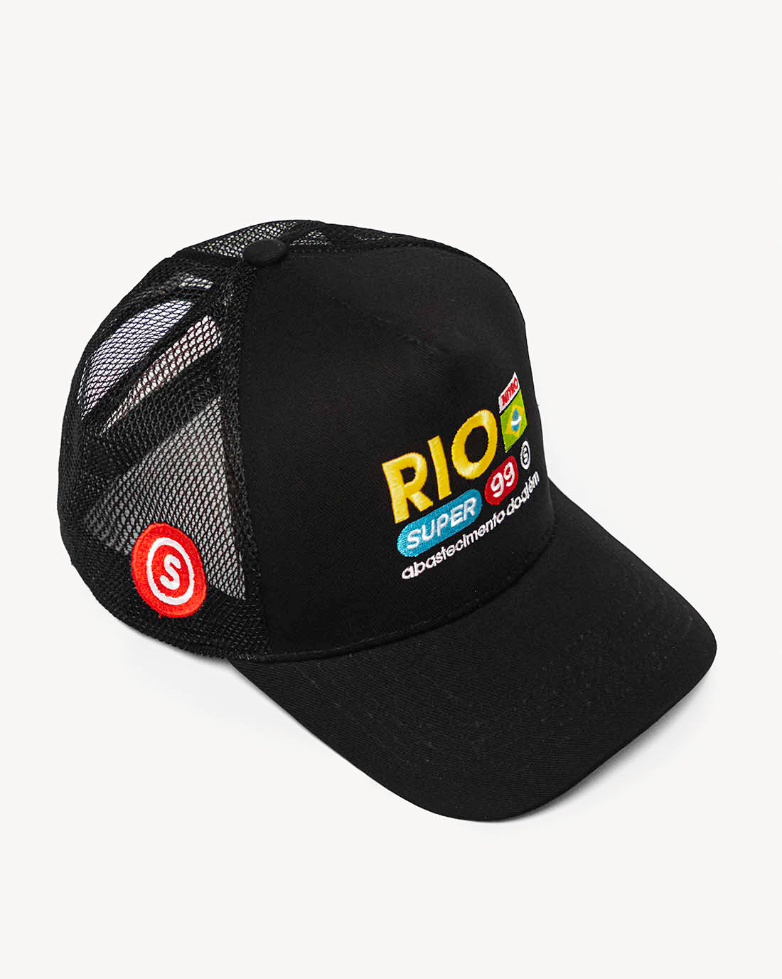 Front side view of a sporty black snapback hat with colorful Brazilian-inspired embroidered design and cooling mesh back.