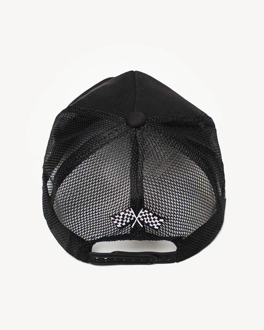 Rear view of a cute black snapback hat with racing-inspired embroidered design and cooling mesh back.