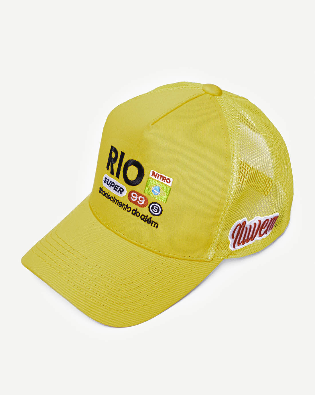 Front view of a yellow snapback hat with Brazilian-inspired embroidered design and cooling mesh back.