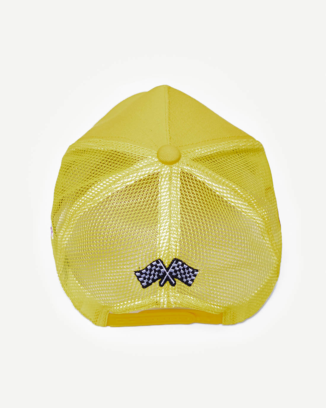 Rear view of a sporty yellow snapback hat with racing-inspired embroidered design and cooling mesh back.