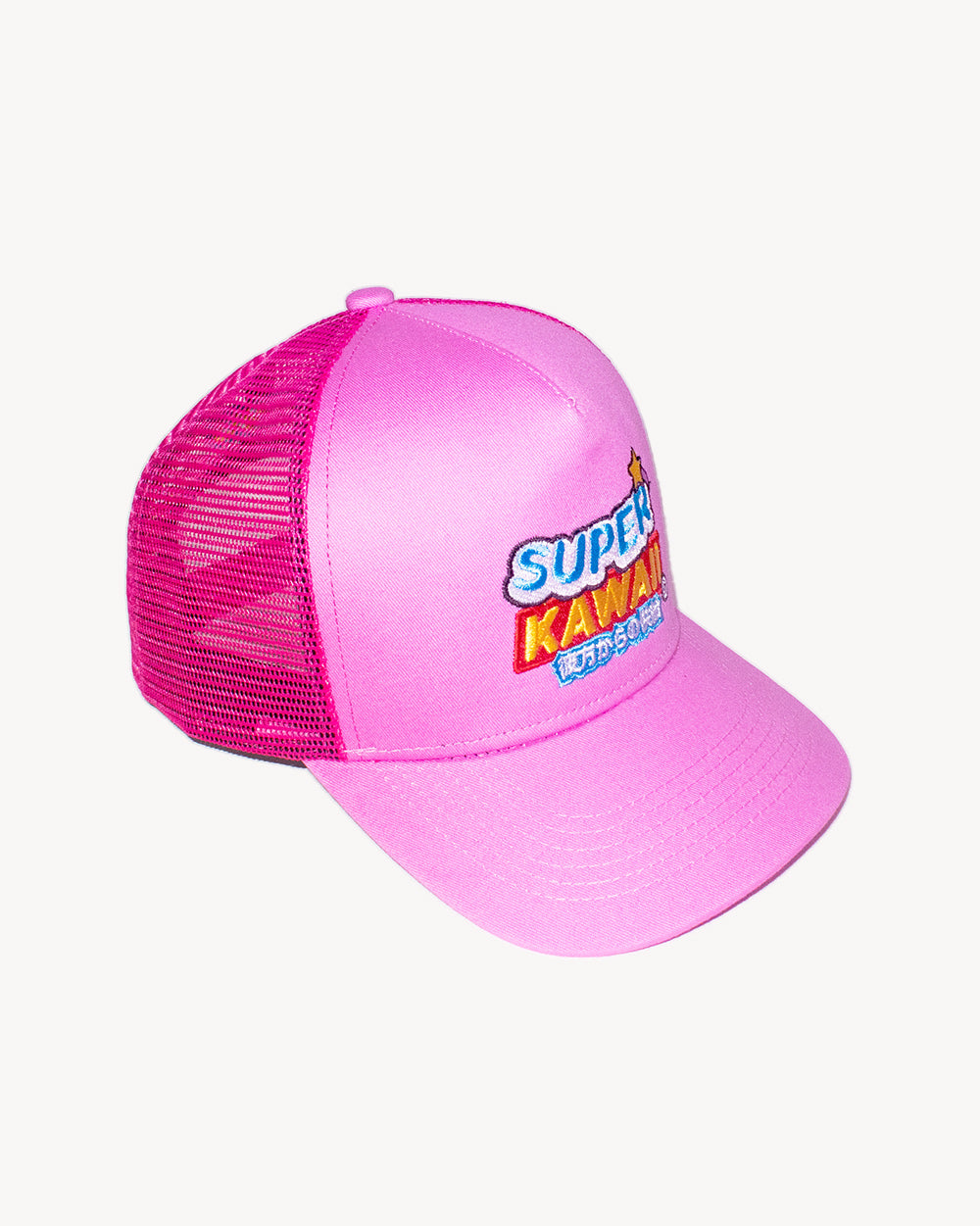 Super Kawaii Snapback Pink cap with unique embroidered design and mesh back for a comfortable fit.