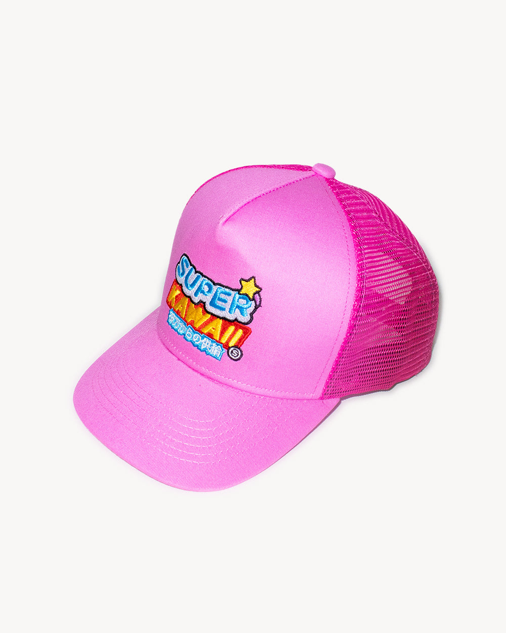Super Kawaii Snapback Pink cap with colorful embroidered design and mesh back for a stylish and comfy fit.