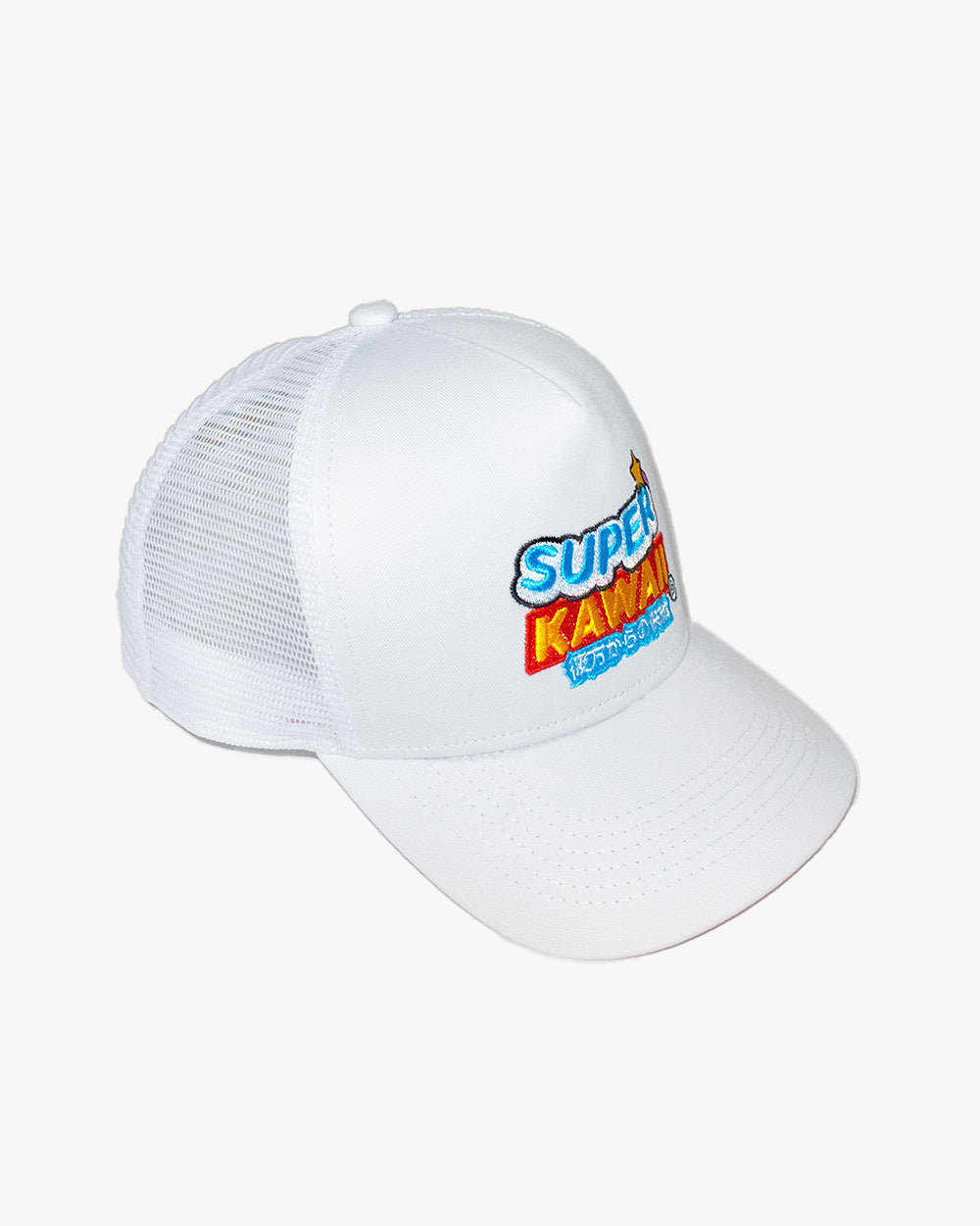 Super Kawaii Snapback White hat with unique embroidered designs and a comfy mesh back for swim fits.