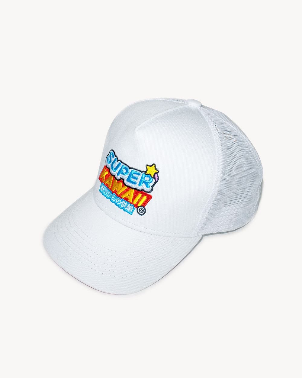 Super Kawaii Snapback White cap with colorful embroidered designs, ideal for stylish swim fits and comfortable wear.