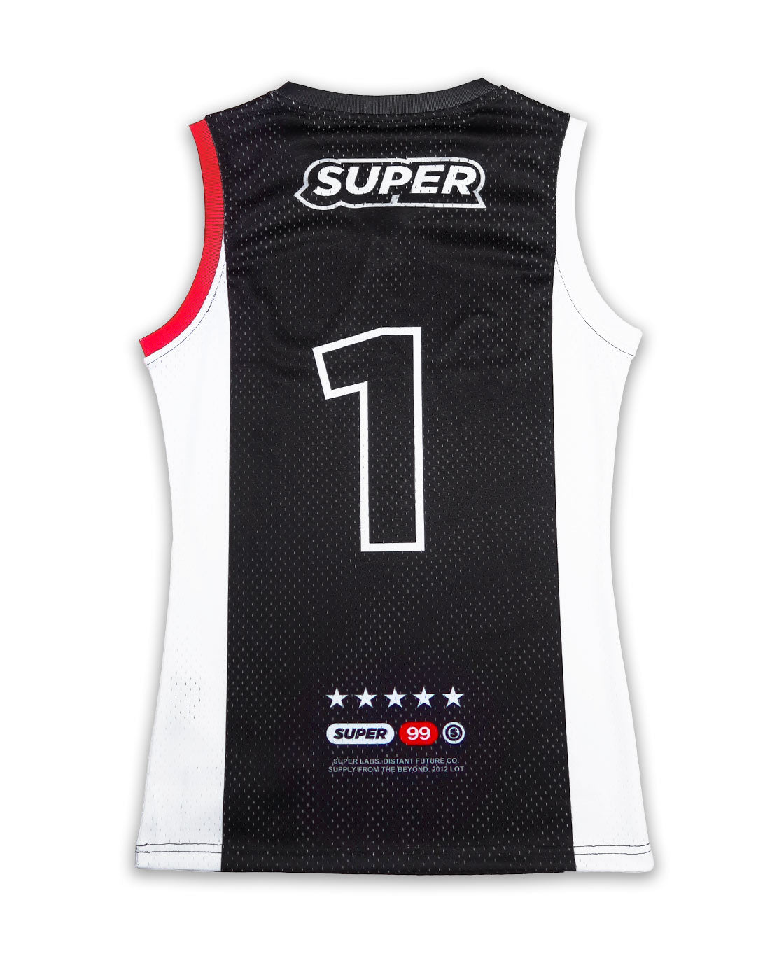 Rear view of a women's basketball jersey in classic black and white, featuring lightweight mesh fabric, sleeveless design, and number 1 printed on the torso.