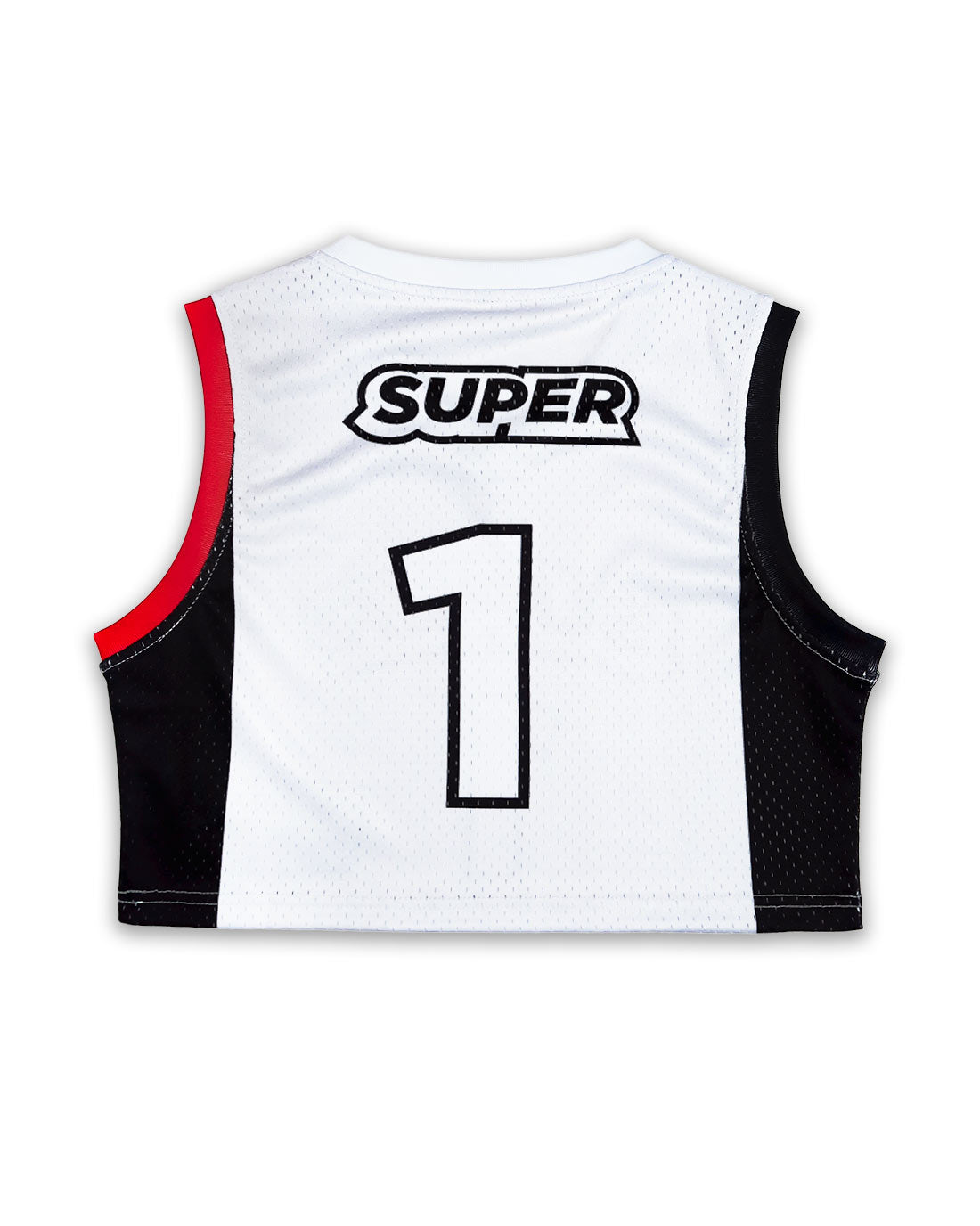 Rear view of a women's basketball jersey crop top in stylish black and white, featuring lightweight mesh fabric, sleeveless design, and number 1 printed on the back.
