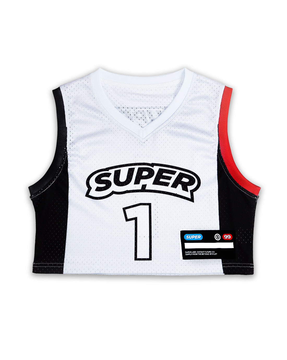 Front view of a women's basketball jersey crop top in sleek black and white, featuring lightweight mesh fabric, sleeveless design, and number 1 printed on the chest.
