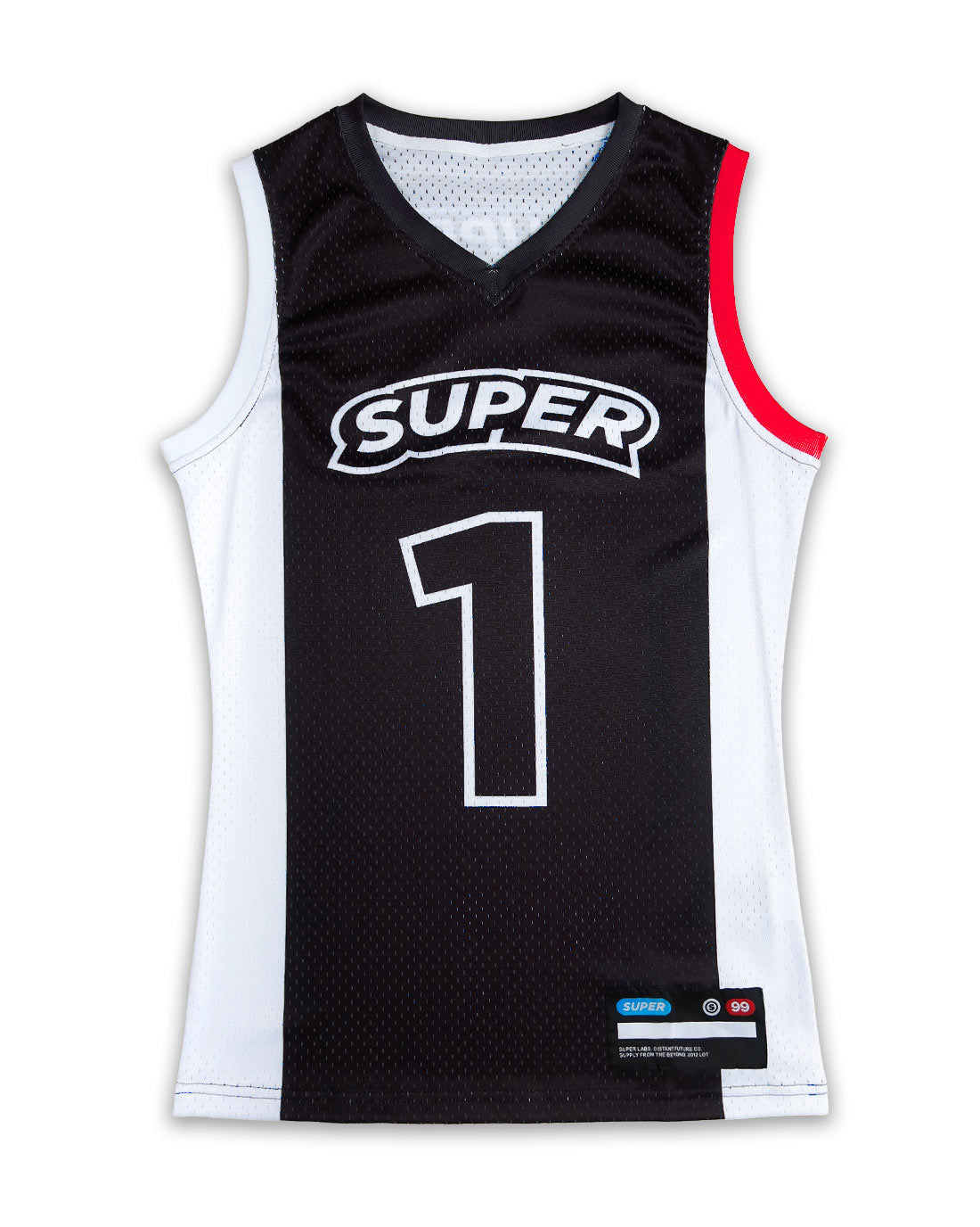 Front view of a women's basketball jersey in classic black and white, featuring lightweight mesh fabric, sleeveless design, and number 1 printed on the torso.