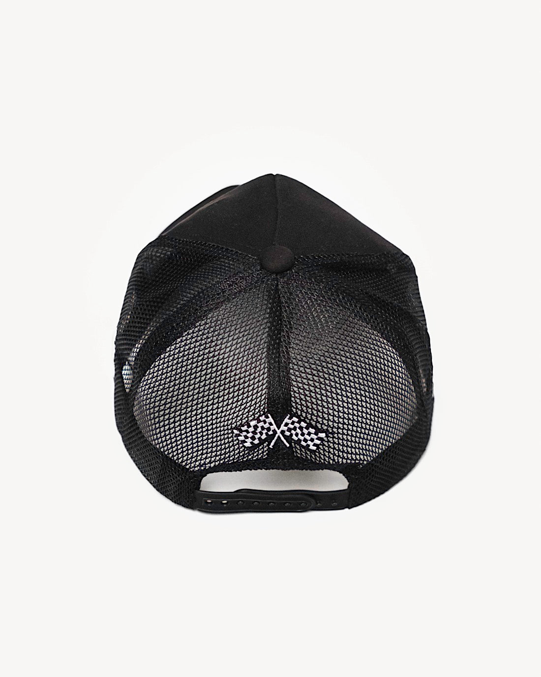 Rear view of a stylish black snapback hat showcasing cooling and comfy mesh design with racing-inspired patches.