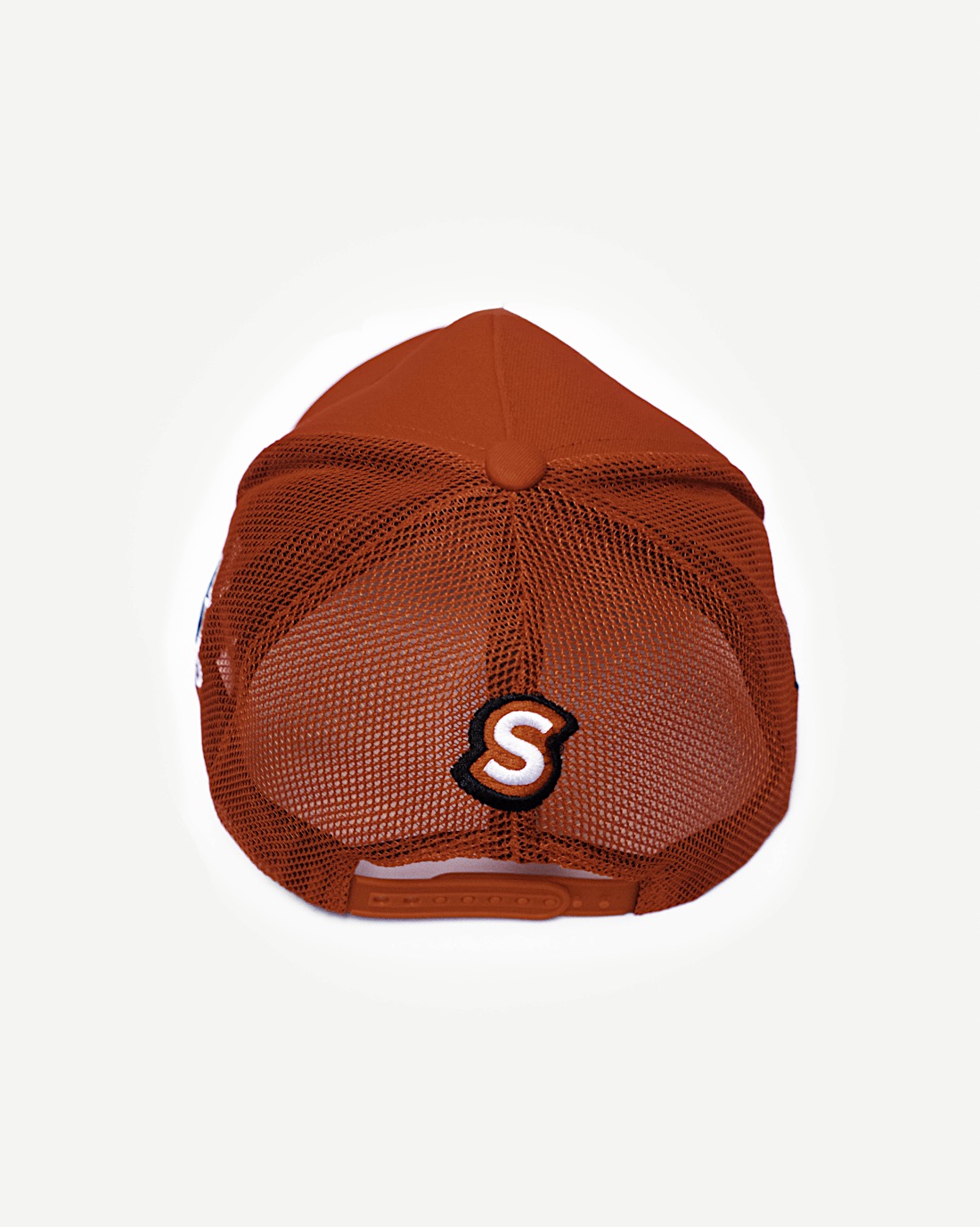 Rear view of a vibrant red snapback hat showcasing cooling and summery mesh design with cute racing-inspired patches.