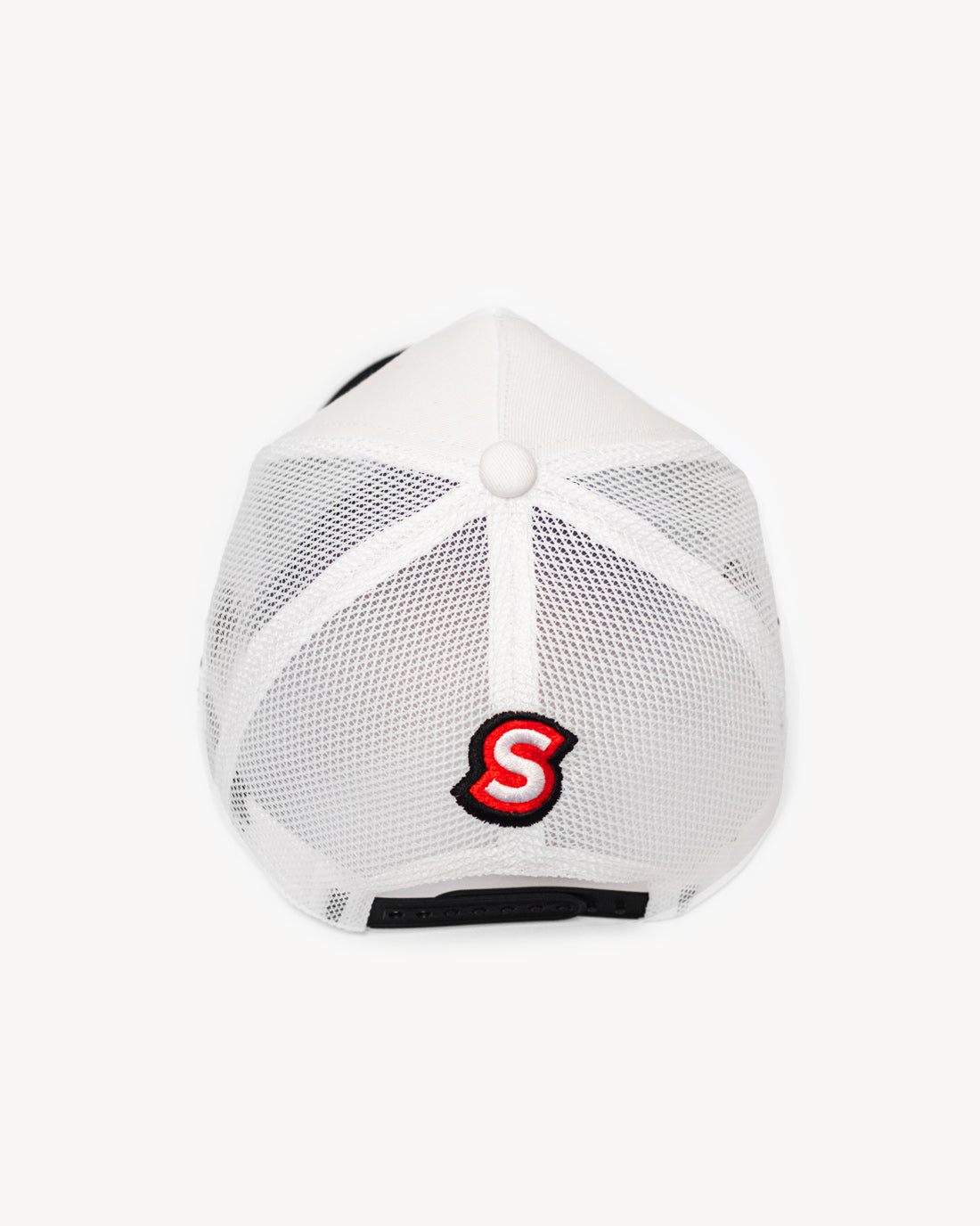 Rear view of a stylish two-toned white and black snapback hat showcasing cooling and trendy mesh design with vibrant racing-inspired patches.
