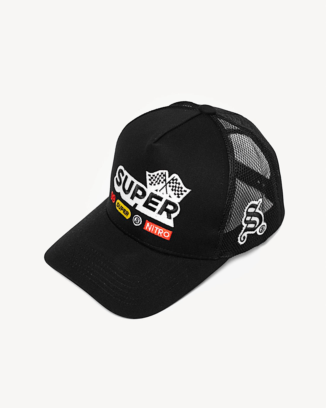 Front view of a stylish black snapback hat featuring colorful racing-inspired patches on the front and a cooling mesh rear design.