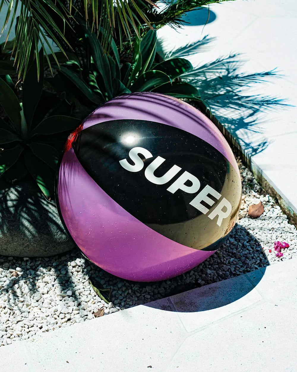 Beach ball with solid black and pink design.