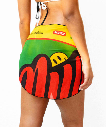 Rear shot of a model showcasing a dreamy yellow black and green light weight Rio inspired sarong.
