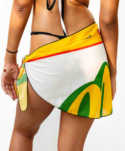 Close up rear shot of a model showcasing a dreamy yellow white and green light weight Rio inspired sarong.