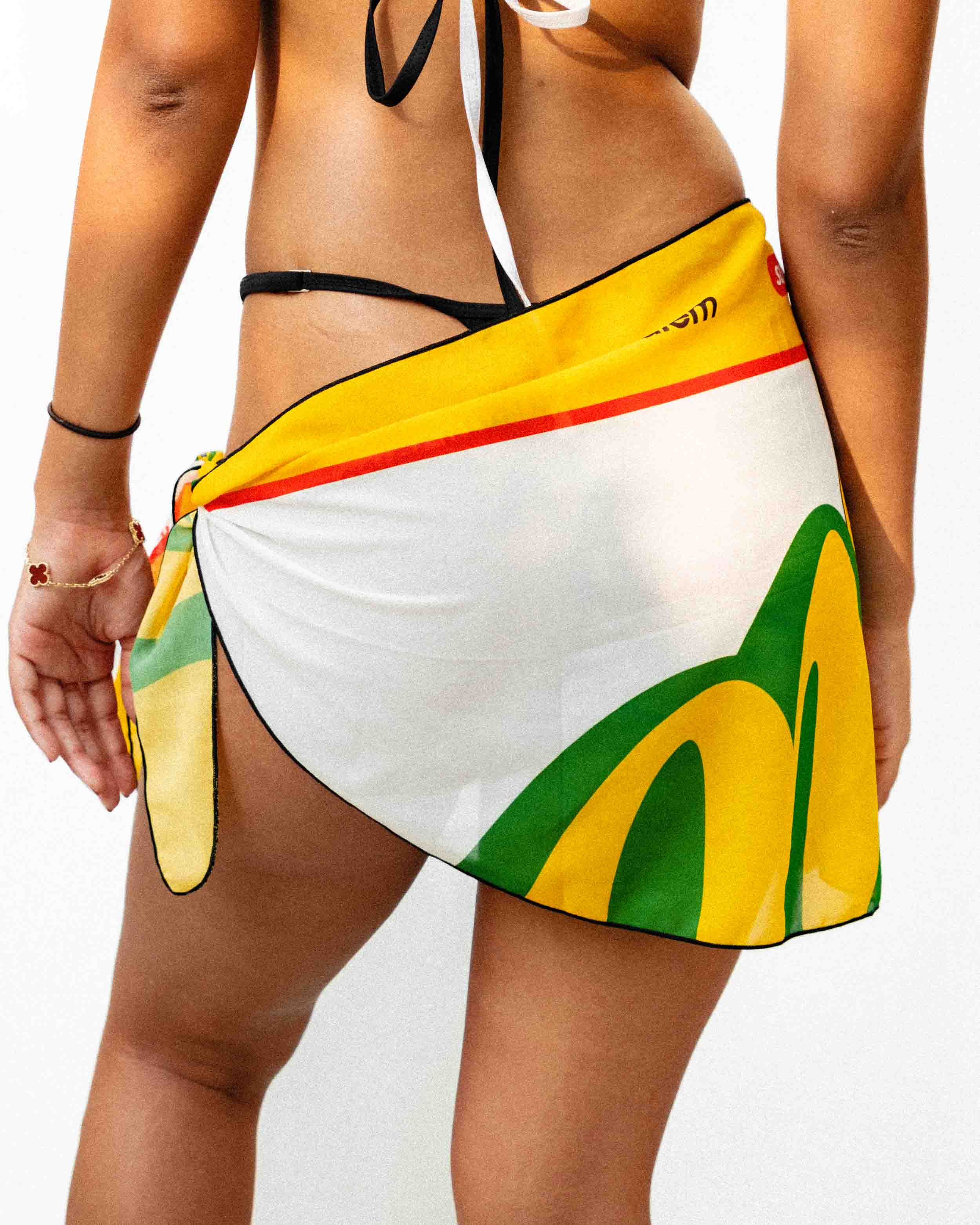Close up rear shot of a model showcasing a dreamy yellow white and green light weight Rio inspired sarong.