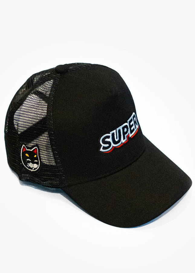Front side of a super black mesh snapback hat with unique patches.