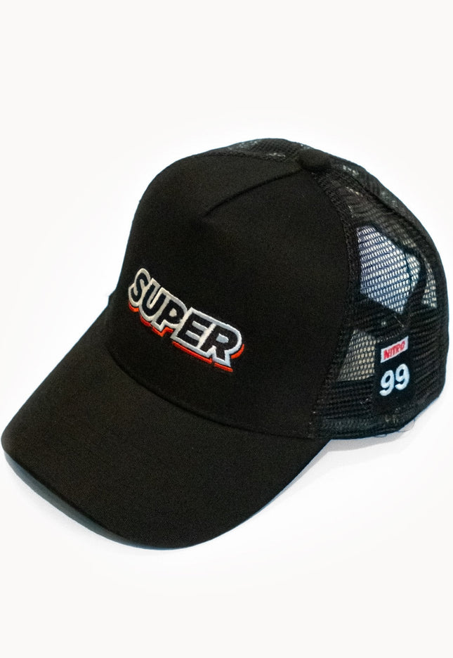 Front side of a super black mesh snapback hat with cool patches.