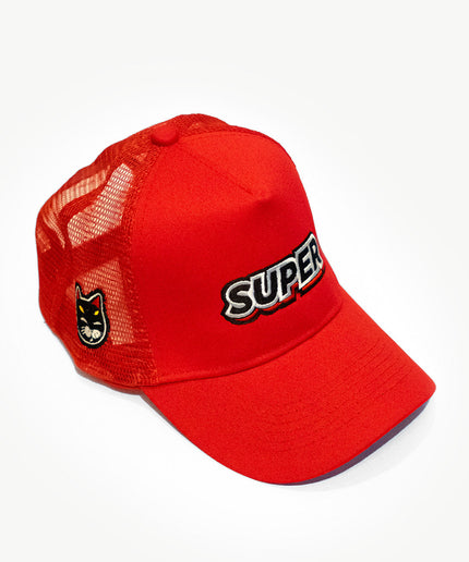 Front side of a super red mesh snapback hat with cute kitty cat patch.
