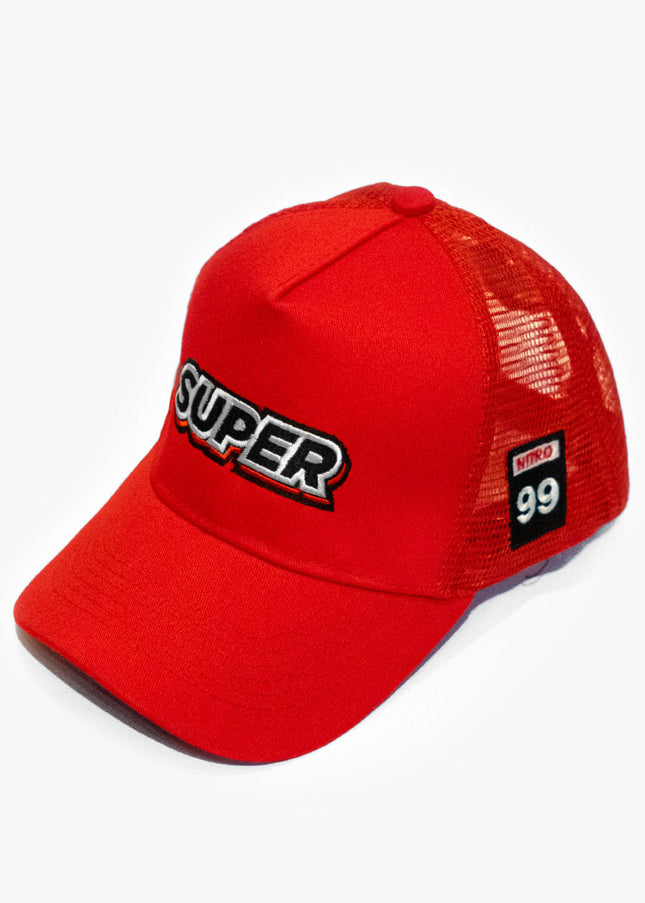 Front side of a super red mesh snapback hat with cool patches.