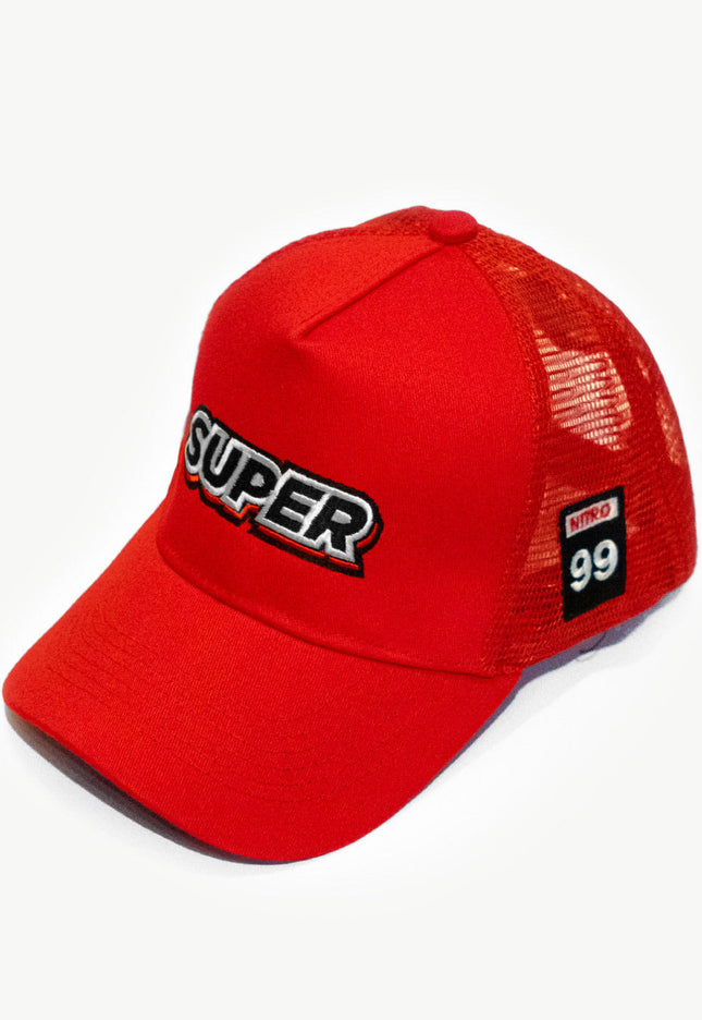 Front side of a super red mesh snapback hat with cool patches.