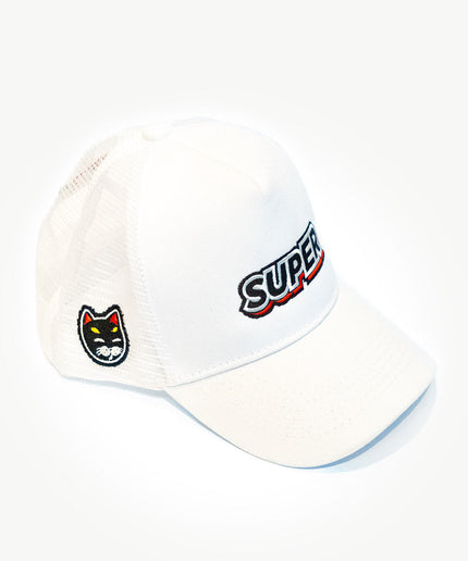 Front side of a super white mesh snapback hat with kitty cat patches.