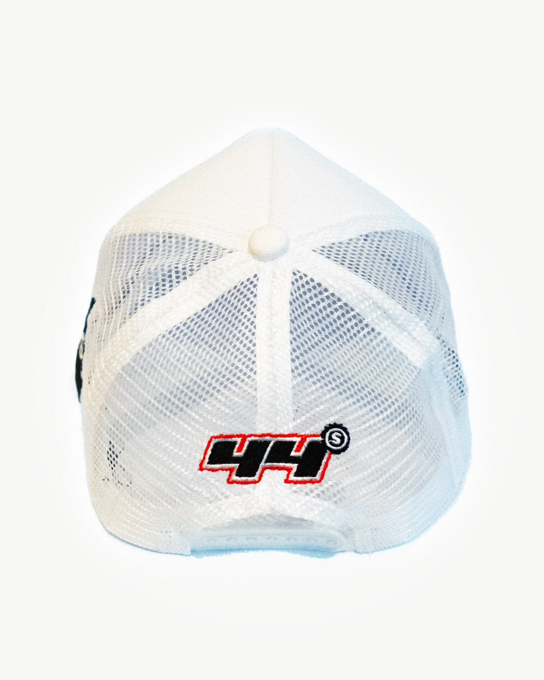 Back side of a super white mesh snapback hat with stylish patches.