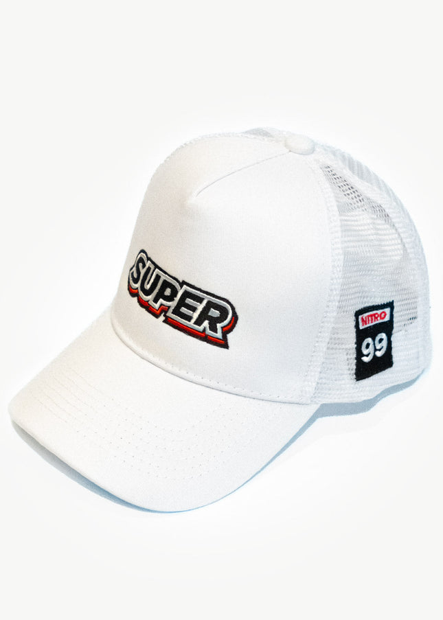 Front side of a super white mesh snapback hat with unique patches.