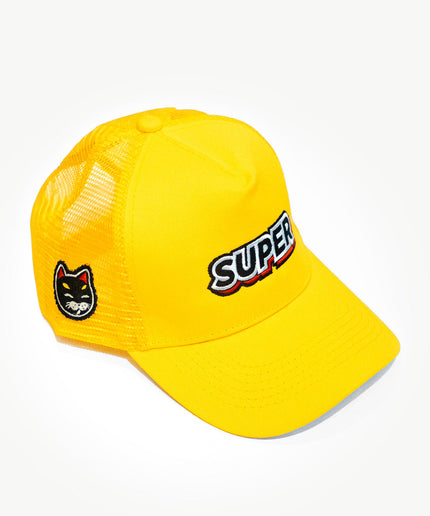 Front side of a super yellow mesh snapback hat with kitty cat patch.