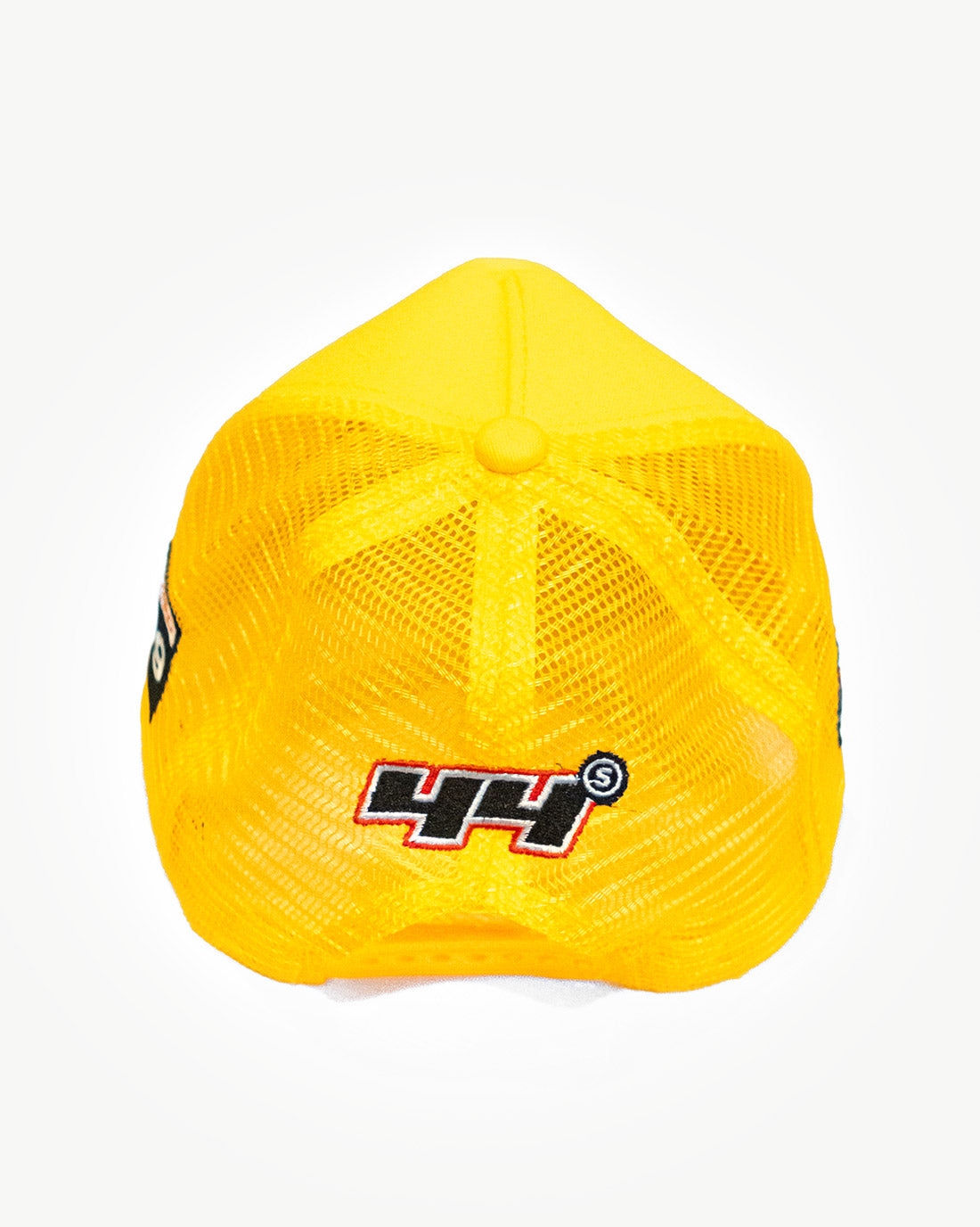 Back side of a super yellow mesh snapback hat with cool patches.