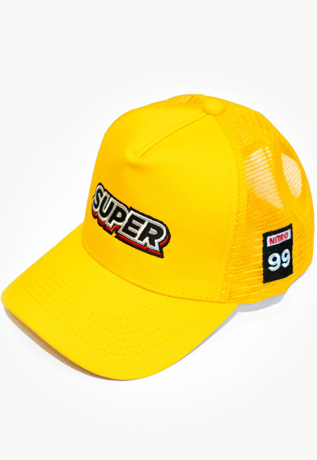 Front side of a super yellow mesh snapback hat with unique patches.