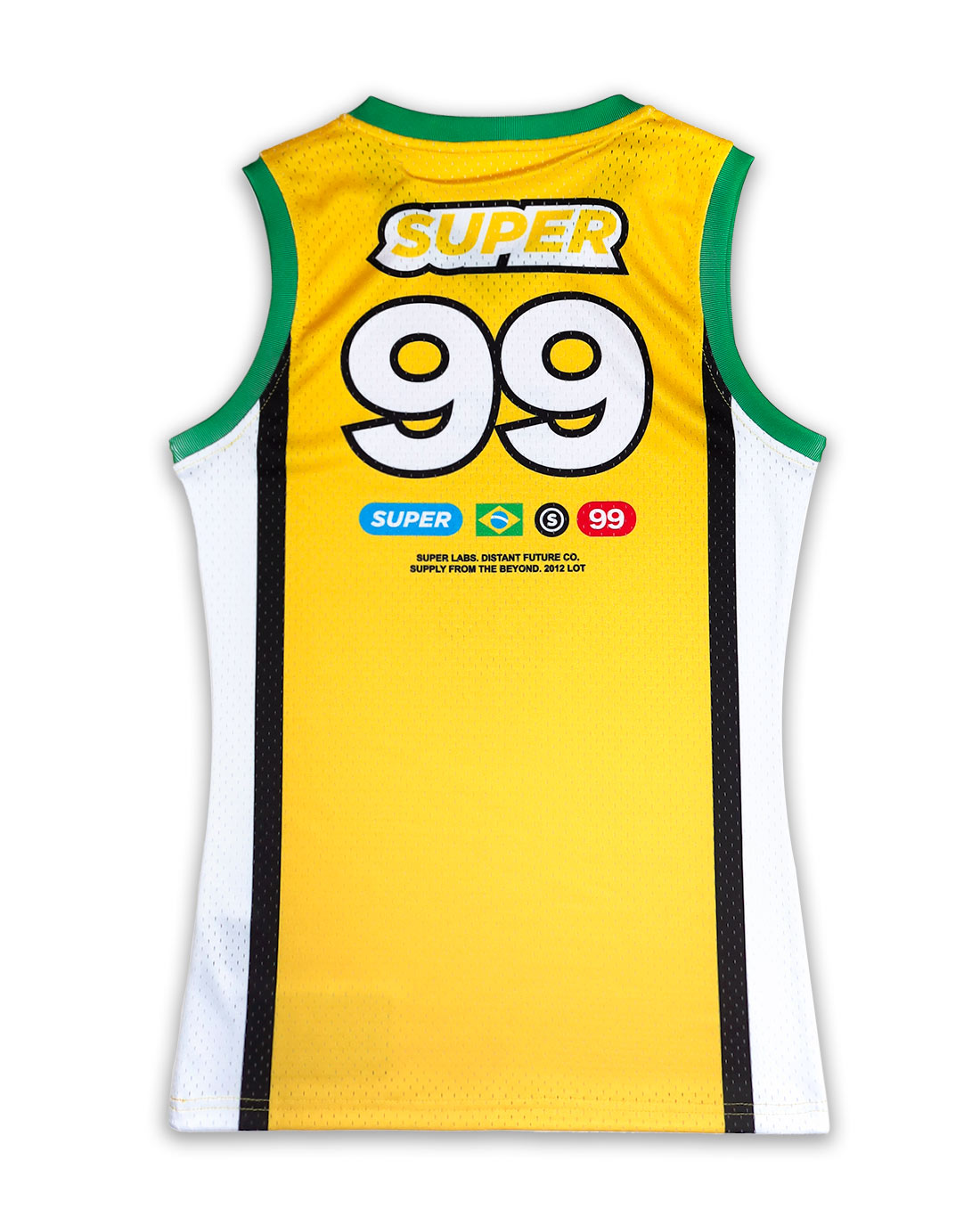 Rear view of a  women's basketball jersey in yellow with green trim, featuring lightweight mesh fabric and Brazilian flag-inspired graphics.